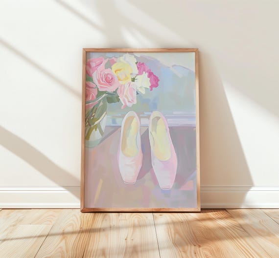 Ballet Shoes With Roses Print Blush And Ivory Watercolor Floral Art Elegant Nursery Decor Wall For Girls Room 209