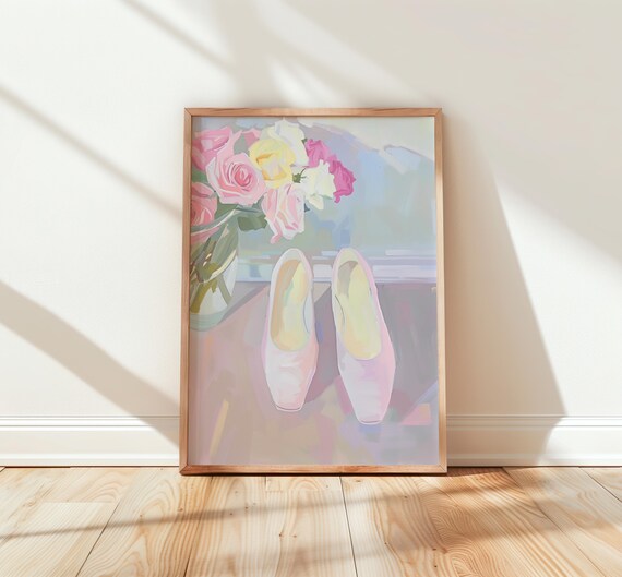 Pale Pink Ballet Slippers Beside a Vase of Pastel Roses Soft Painting Poster