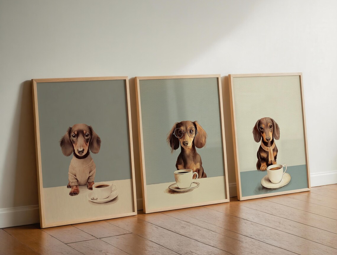 Dachshund With Coffee Vintage Style Art Print