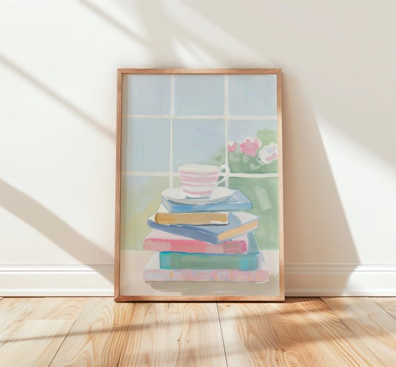 Soft Peach Watercolor Book Stack With Teacup Boho Nursery Wall Art Light Airy Cottage Decor Pastel Home 241