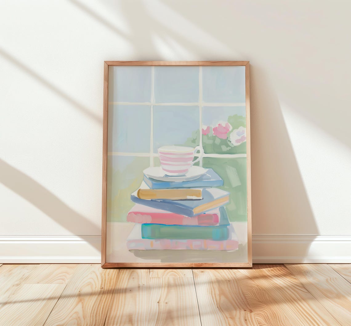 Stack of Books Teacup Pastel Window Light Reader Gift Wall Print