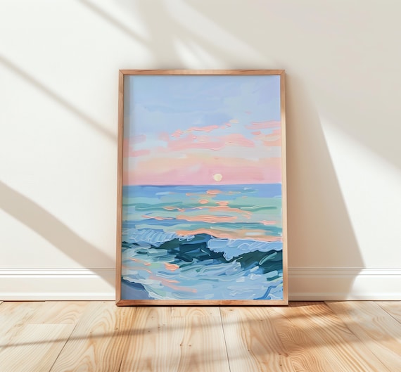 Pastel Ocean Sunset Waves Dreamy Seascape Soft Coastal Art Poster