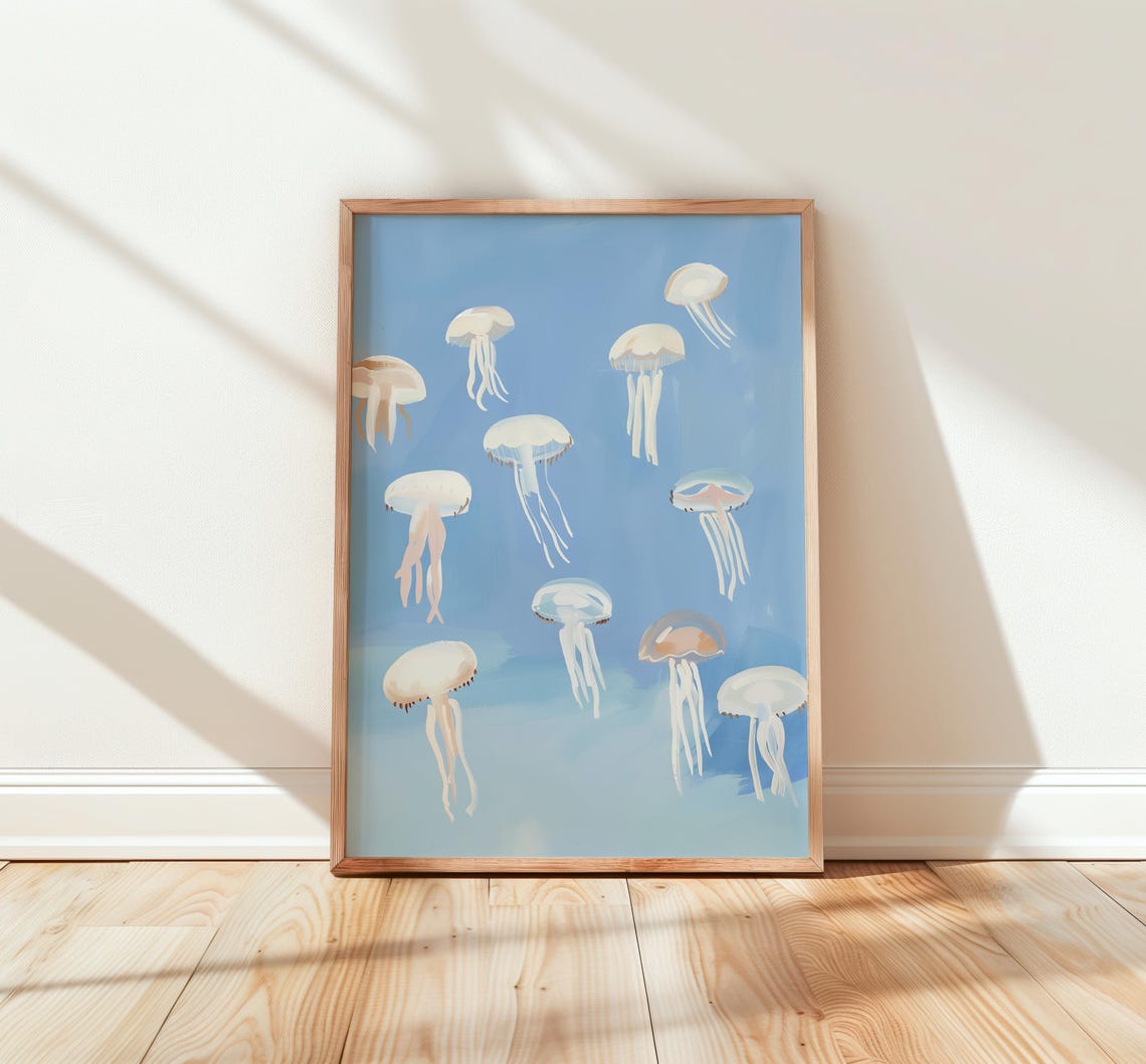 White Jellyfish Drifting on Blue Sea Watercolor Ocean Poster