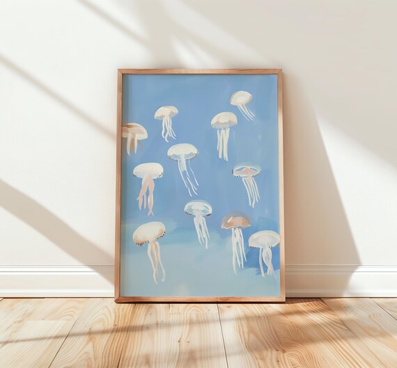 White Jellyfish Drifting on Blue Sea Watercolor Ocean Poster