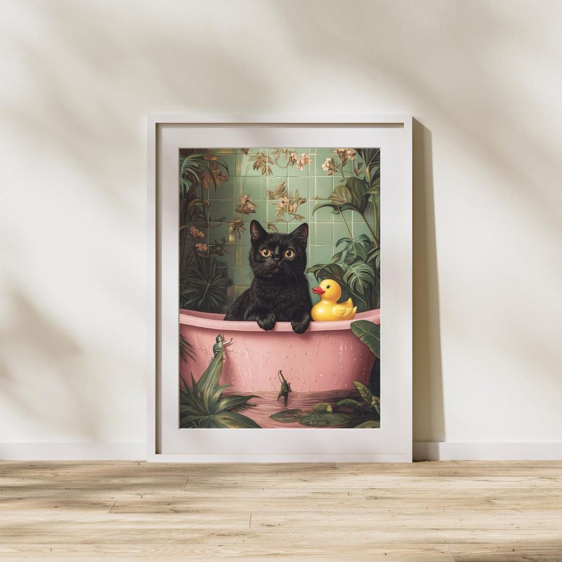 Sweet Black Kitten Pink Bathtub with Rubber Duck Funny Bathroom Poster