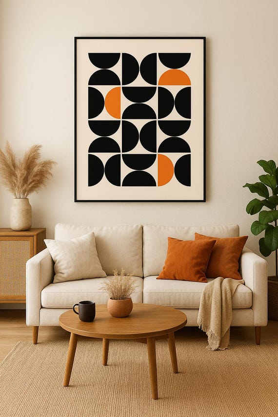Mid Century Modern Geometric Wall Art Abstract Black And Orange Shapes Poster Minimalist Boho Retro Home Decor