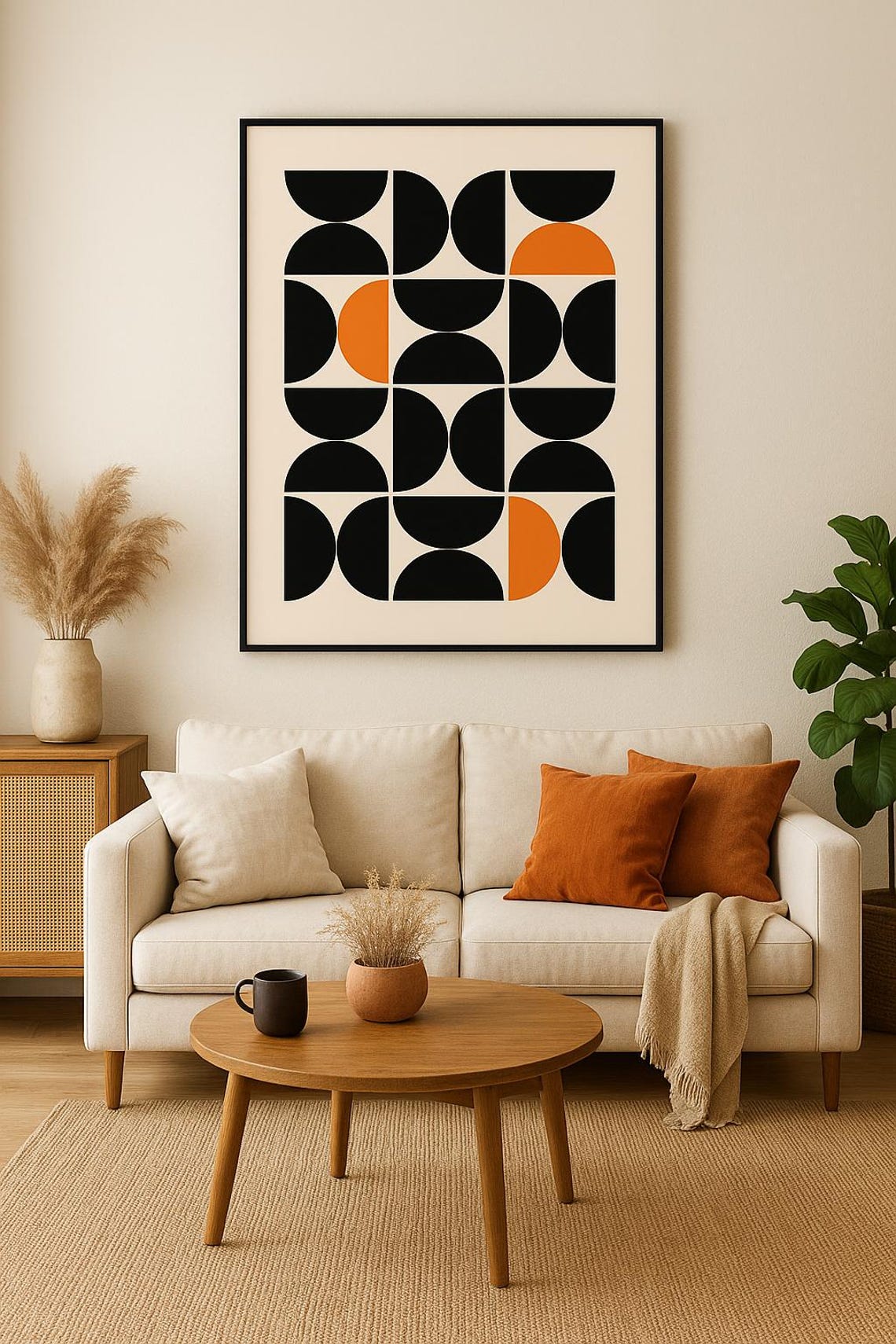 Mid Century Modern Black Orange Geometric Semicircle Art Poster