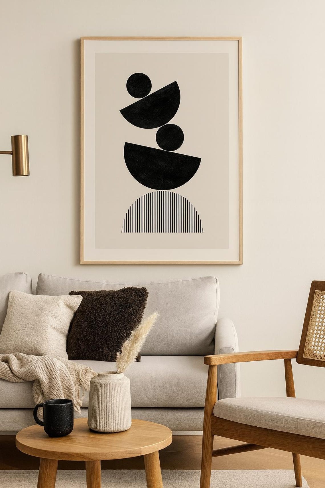 Mid Century Black Semicircles on Beige Minimalist Abstract Art Poster