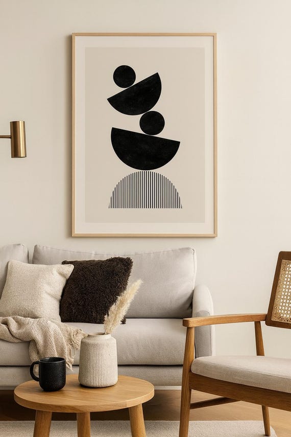 Modern Geometric Wall Art Print Minimalist Abstract Shapes Poster Black And White Mid Century Scandinavian Style Home Decor