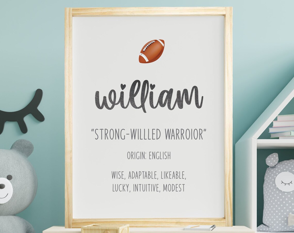 Personalized William Baby Name Meaning Football Nursery Poster