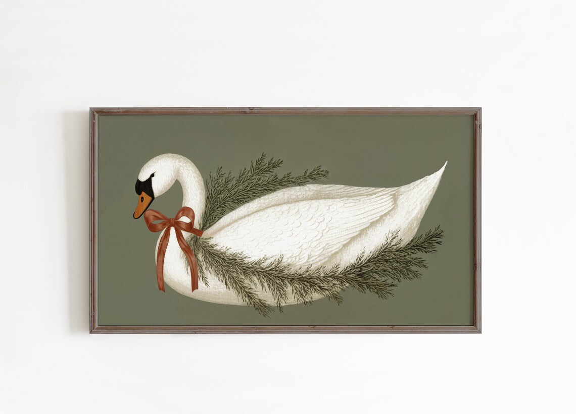 White Christmas Swan with Pine Garland and Bow Holiday Wall Art - Image 2