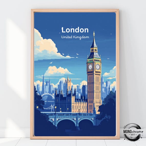 London Travel Poster, Big Ben and Tower Bridge