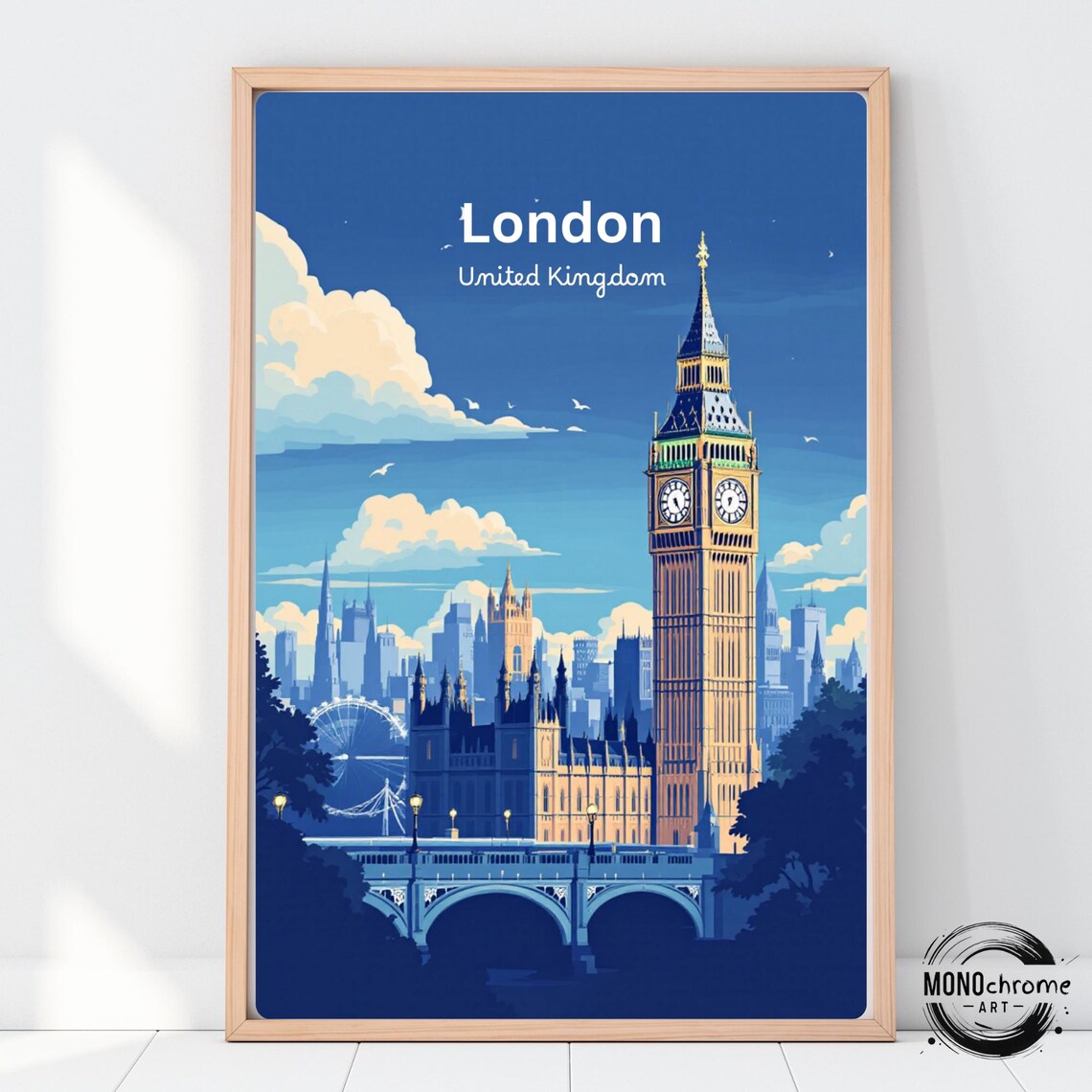 London Travel Poster, Big Ben and Tower Bridge