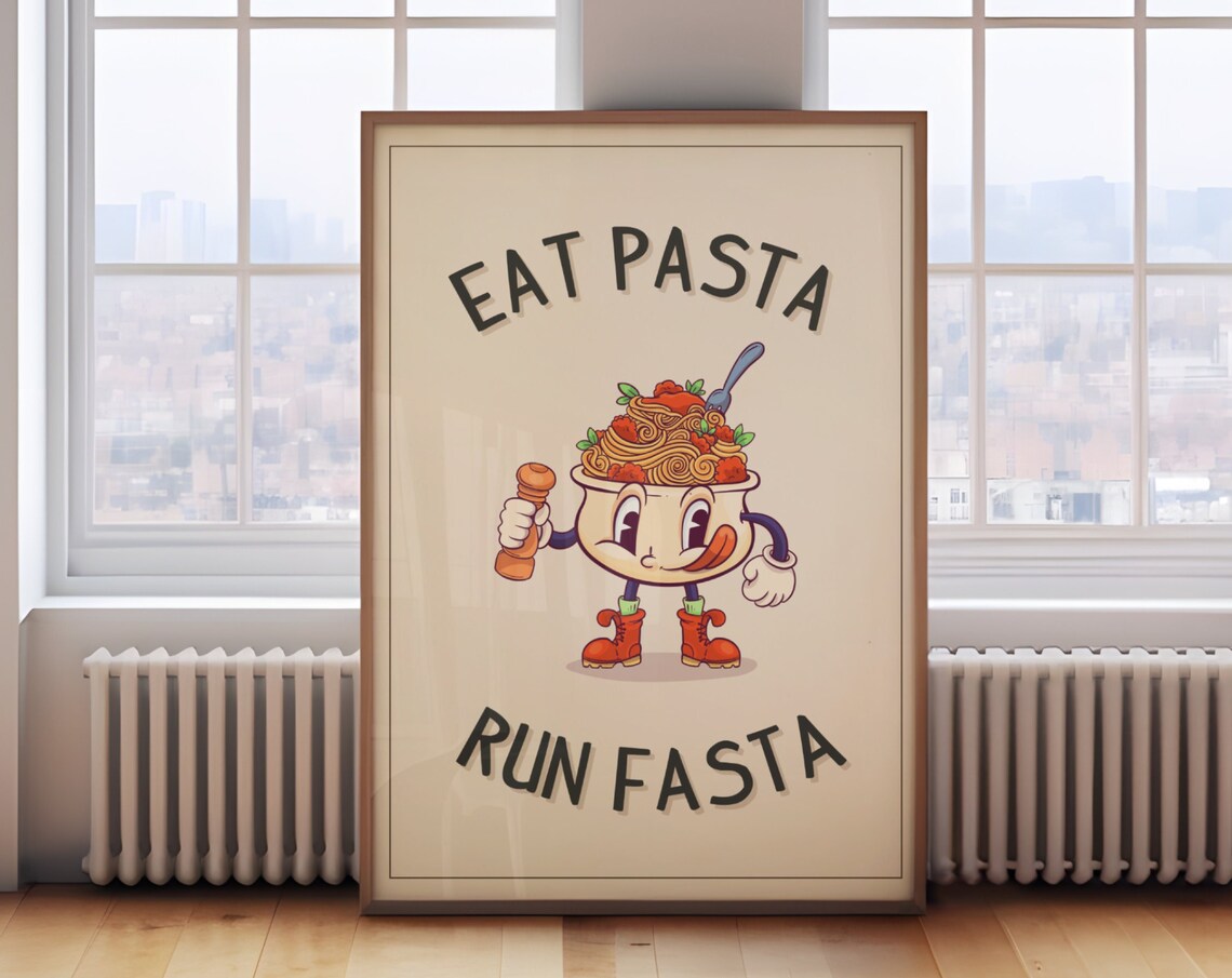 Eat Pasta Run Fasta Vintage Cartoon Pasta Bowl Art Funny Poster