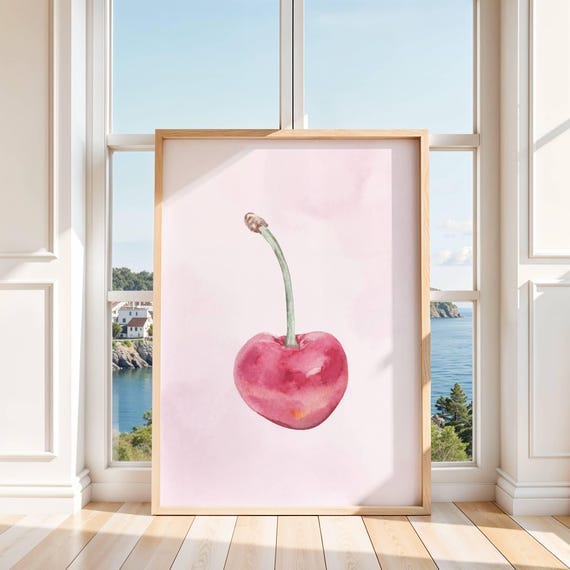 Pink Watercolor Cherry Art Print Minimal Fruit Wall Decor Kitchen Bedroom Or Dorm Room Soft Botanical Illustration