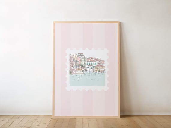 Pink Italy Stamp Print, Coquette European Travel Poster
