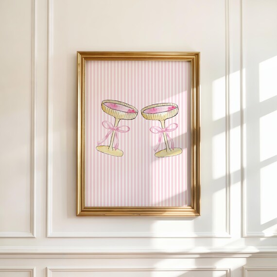 Gold Champagne Coupe Duo Pink Bows Blush Stripes Party Decor Poster