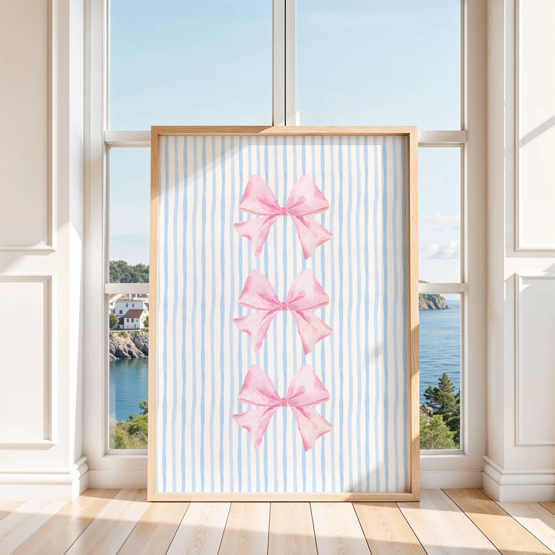 Triple Pink Bow Stack Blue Striped Coquette Preppy Decor Poster