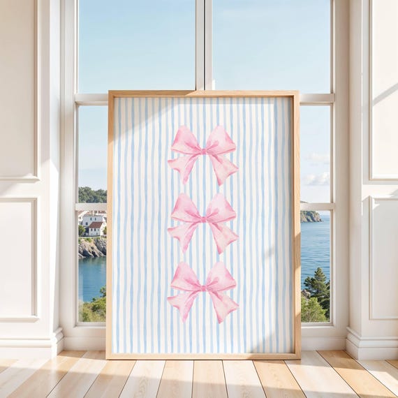 Pink Bows On Blue Stripes Print Preppy Girly Dorm Wall Art Cute Pastel Poster Instant Room Decor