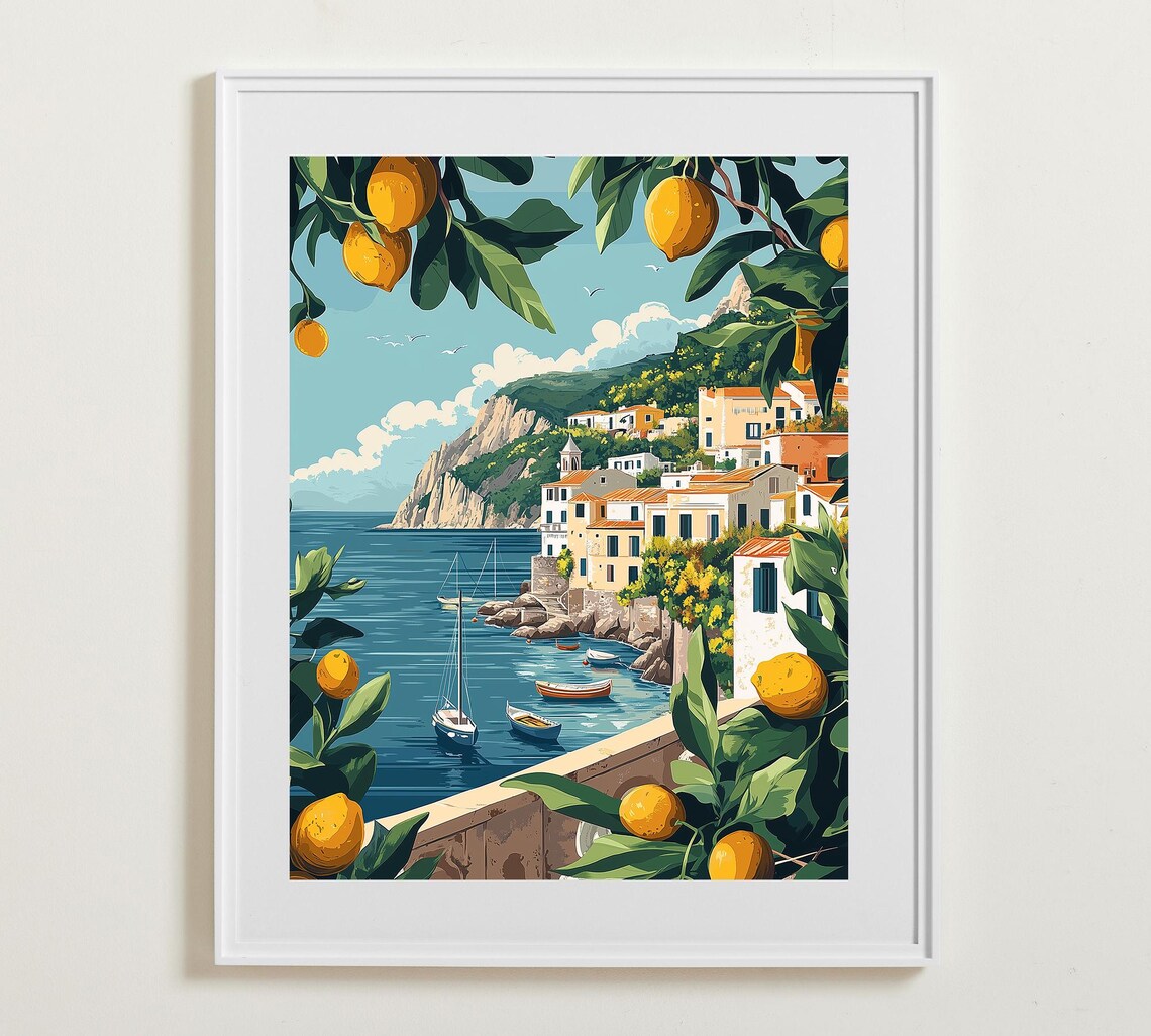 Sunny Italian Coastal Town With Lemon Trees And Sailboats Poster