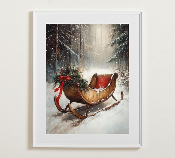Wooden Christmas Sleigh with Greenery in Snowy Forest Scene Poster