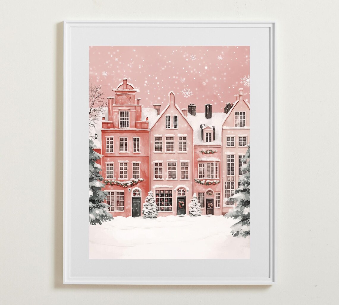 Pink Row Houses on Snowy Christmas Street Winter Scene Poster