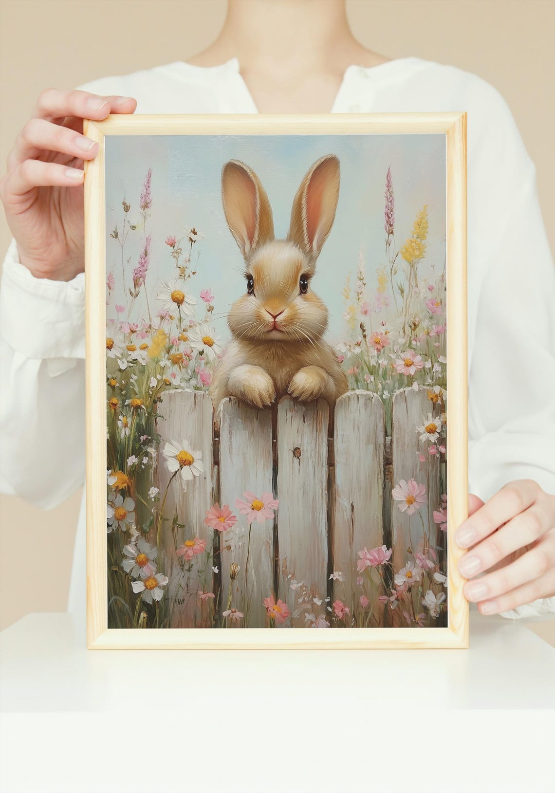 Cute Bunny Rabbit Peeking Over White Picket Fence Spring Poster - Image 3