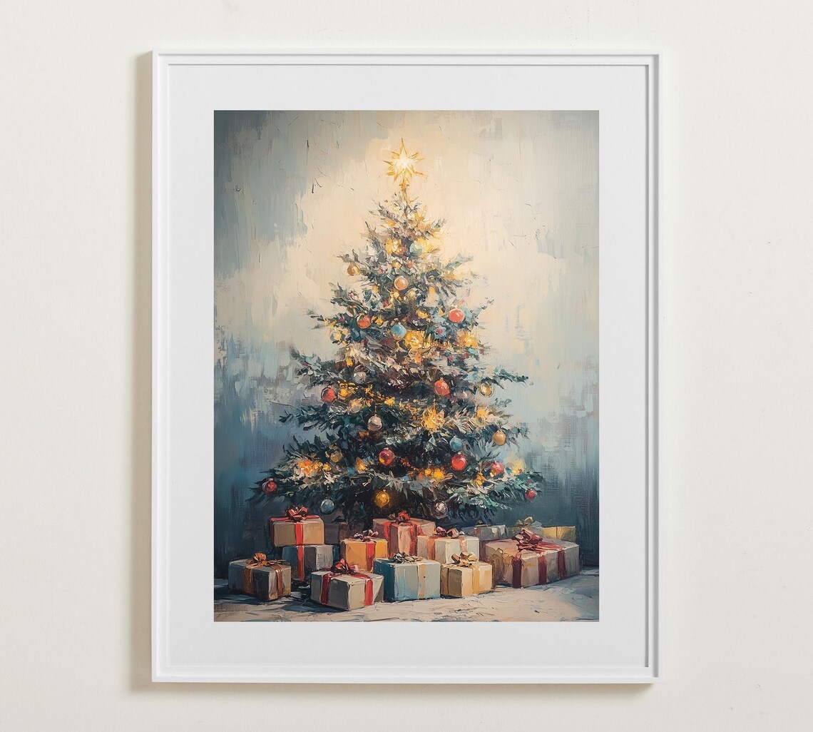 Classic Christmas Tree with Gifts Under Star Oil Painting Poster