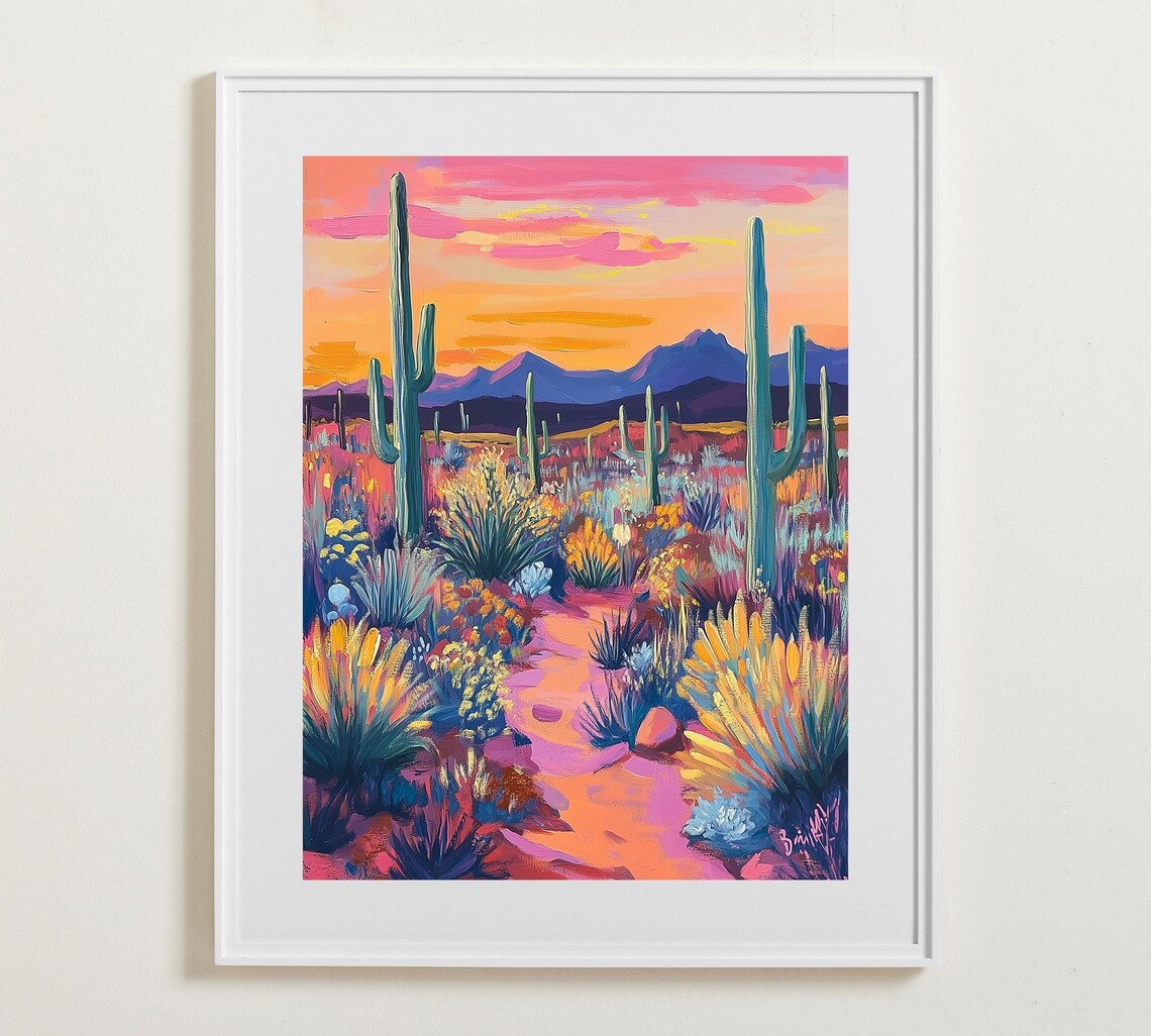 Colorful Desert Trail Saguaro Cactus Sunset Path Pink Southwest Art Poster