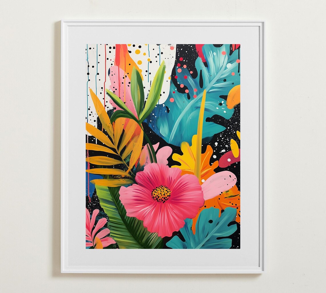 Tropical Hibiscus And Palm Leaves Colorful Maximalist Art Poster