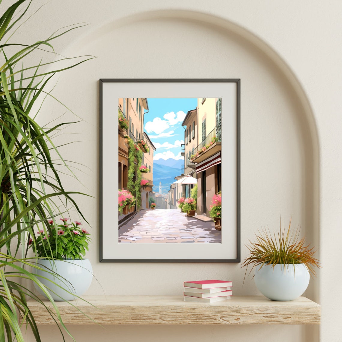 Milan Flower Filled Street with Distant Alps Watercolor Poster - Image 3
