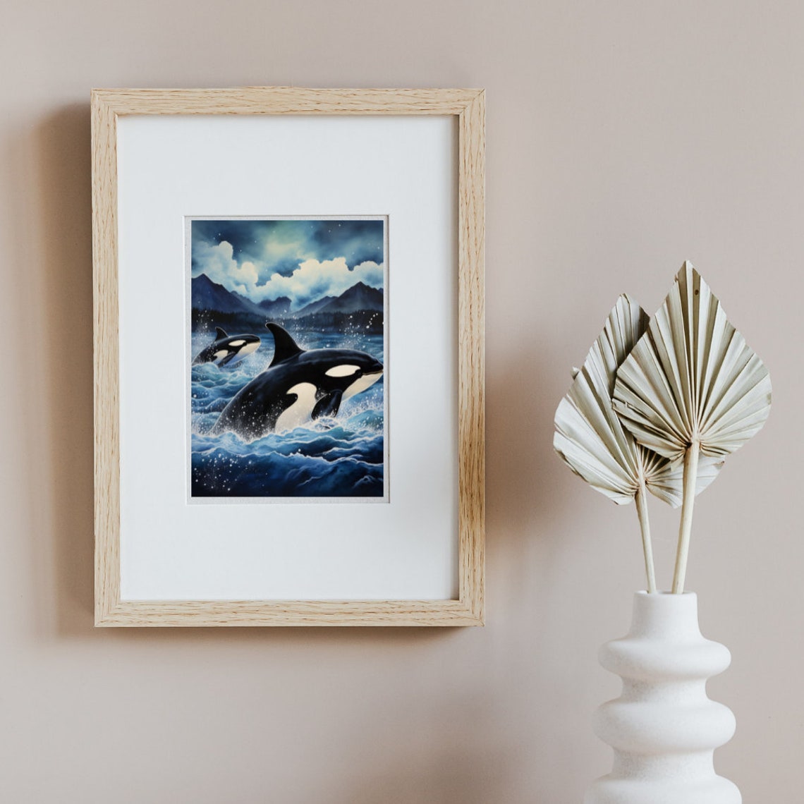 Orcas Breaching in a Moonlit Fjord with Mountains Watercolor Poster - Image 2