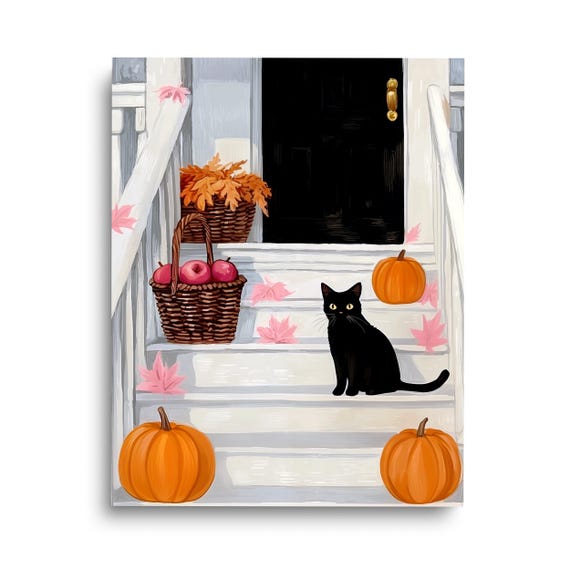 Black Cat On Fall Porch Watercolor Print Wall Art Autumn Home Decor Season Poster Pumpkins Artwork Halloween Kitten