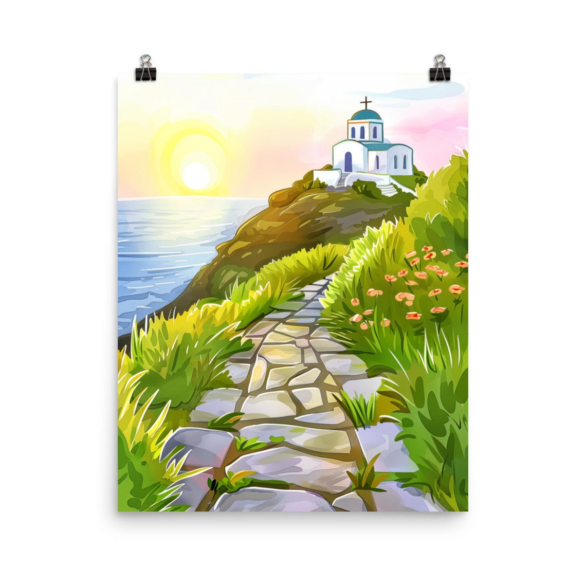 Sifnos Chapel on a Cliff at Sunset over the Aegean Sea Poster