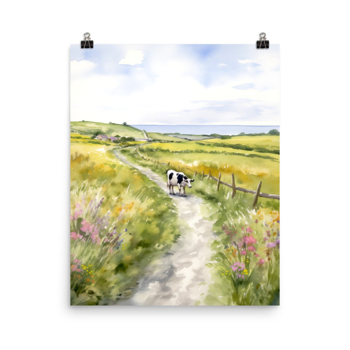 Galway Country Lane With Cow Through Meadow Toward The Sea Poster