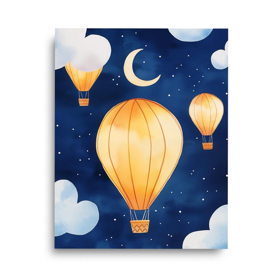 Golden Hot Air Balloons Watercolor Print Dreamy Night Sky Wall Art Starry Nursery Decor Celestial Artwork Nightscape