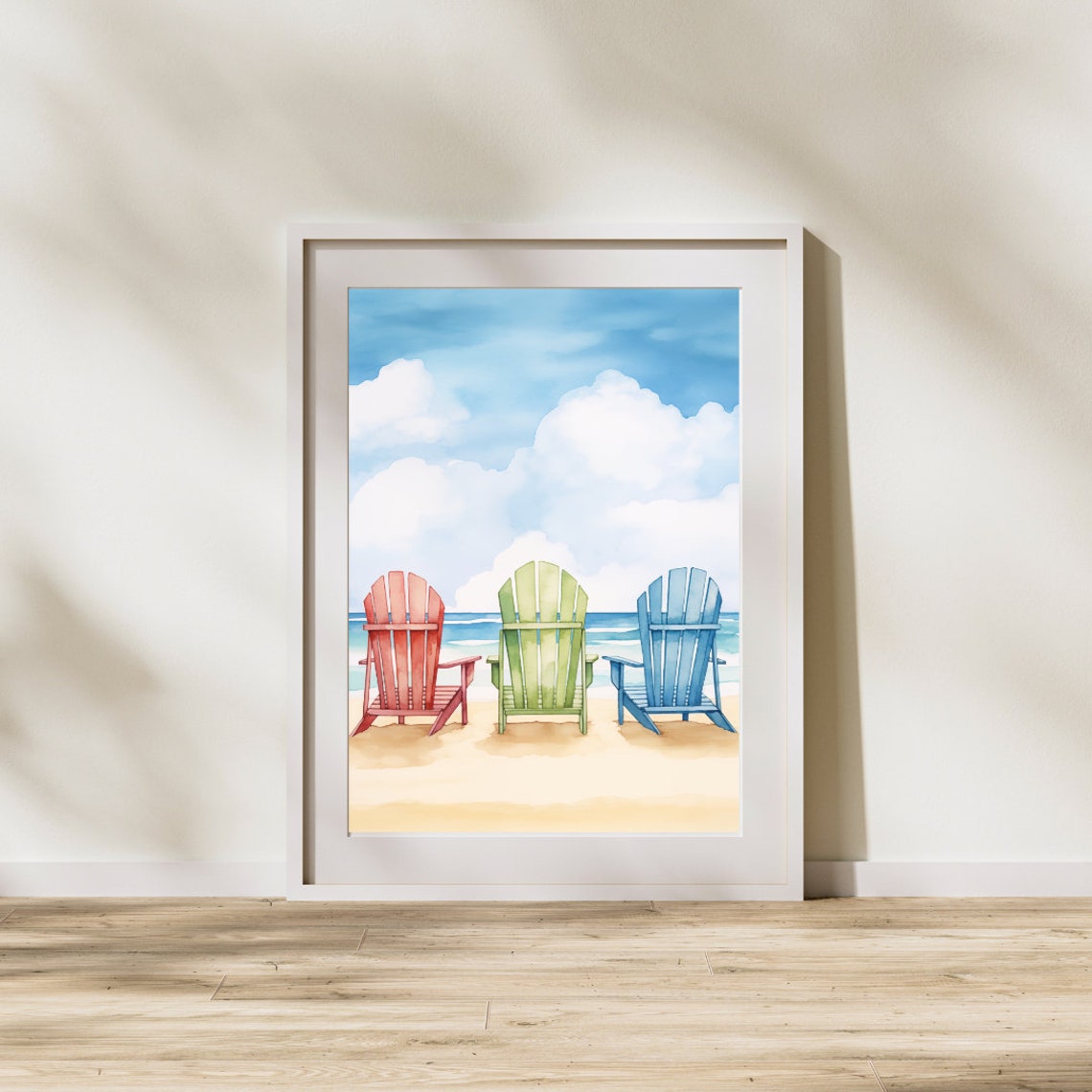 Three Colorful Adirondack Chairs Facing the Ocean Beach Poster - Image 3