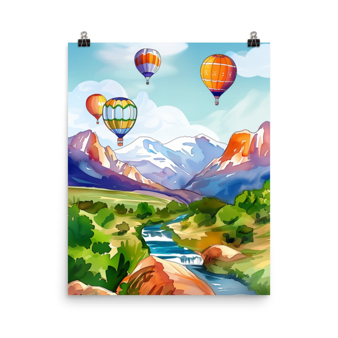 Hot Air Balloons Drifting Over a Mountain Valley River Poster