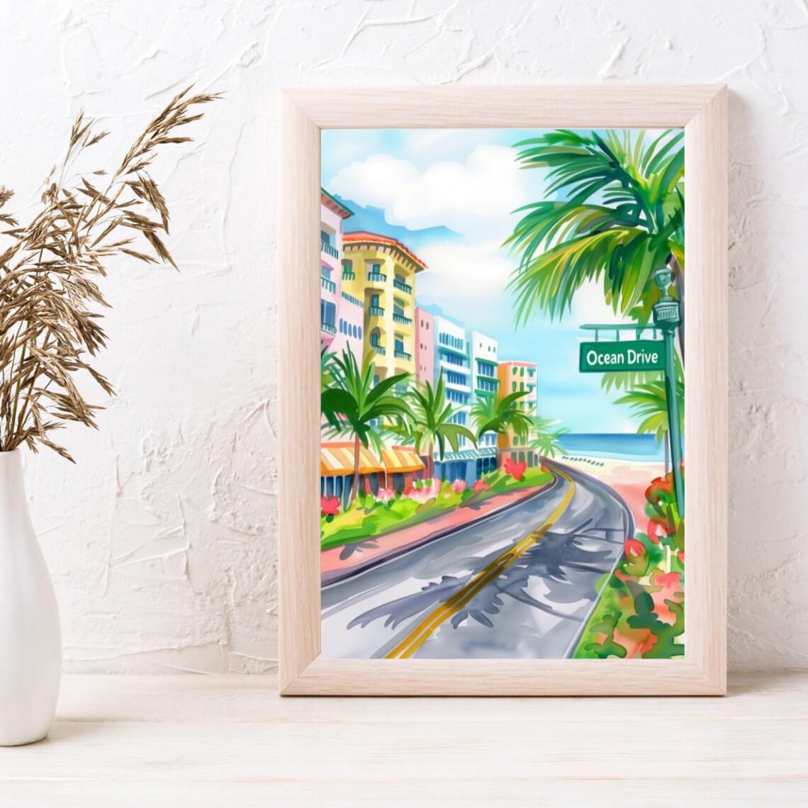 Ocean Drive Miami Art Deco Hotels Palm Street Watercolor Poster - Image 3