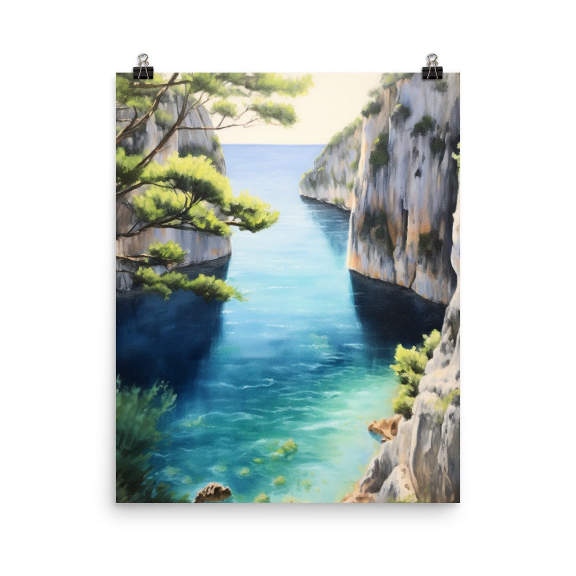 Calanques Limestone Cliffs Over Turquoise Inlet Water Art Poster