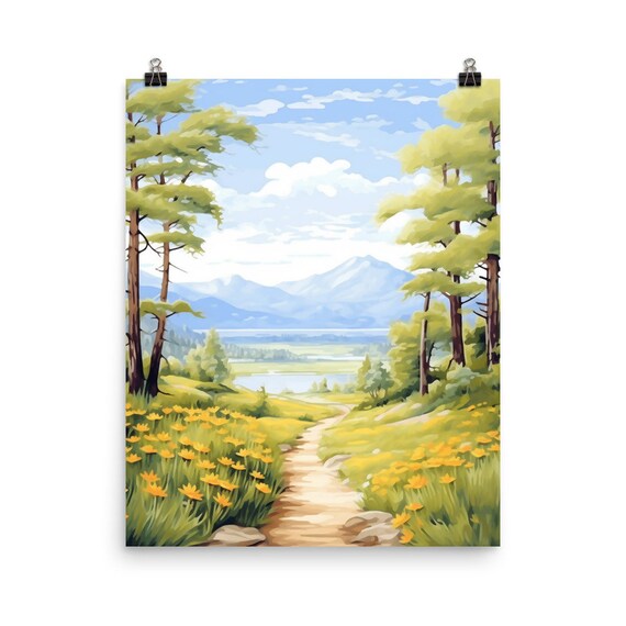 Mountain Lake Trail Wildflowers Pines Watercolor Landscape Poster