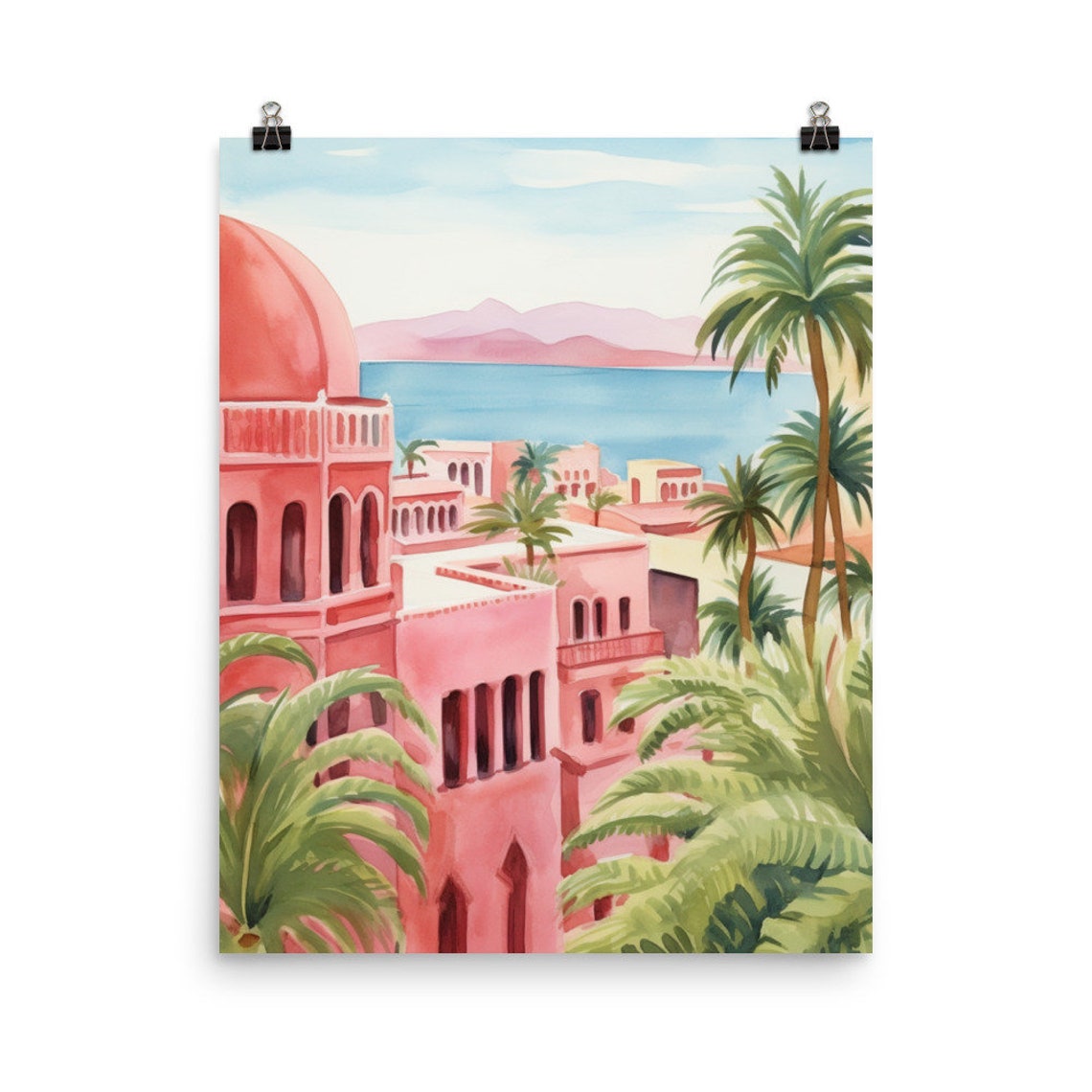 Tenerife Pink Dome Houses Palm Trees Coastal Bay Watercolor Poster
