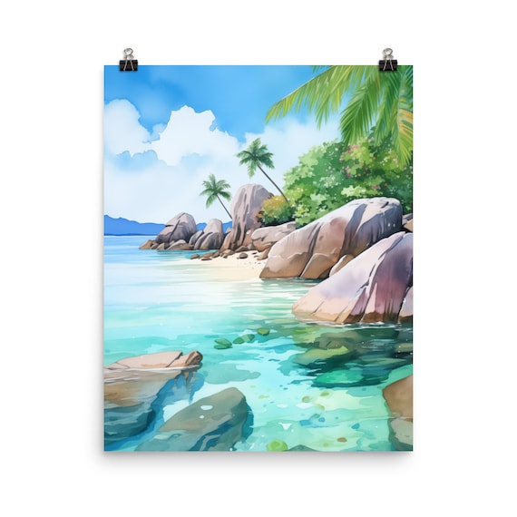 Seychelles Watercolor Travel Poster, Tropical Island Decor