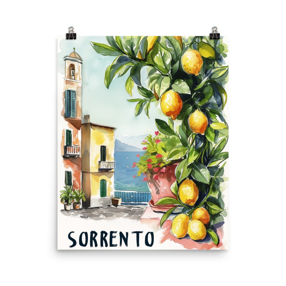 Sorrento Watercolor Travel Poster, Italian Riviera