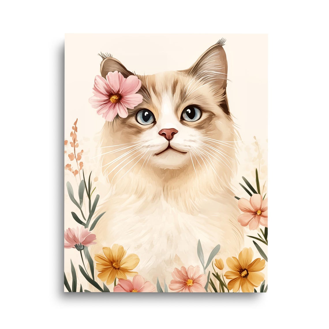 Ragdoll Cat With Blue Eyes Watercolor Art and Pink Flowers Poster