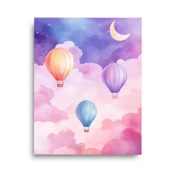 Celestial Sky Hot Air Balloons Watercolor Print Cloudscape Wall Art Nursery Decor Nightscape Colorful Midnight Artwork