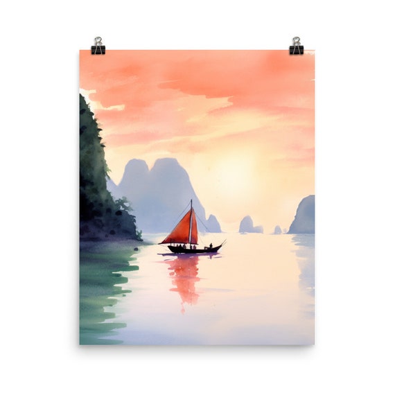Ha Long Bay Watercolor Print Vietnam Art Gift Vietnamese Coastal Landscape Seascape Poster Decor Fishing Boat