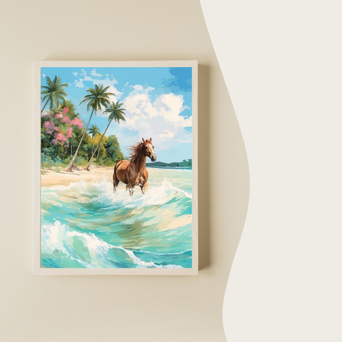 Horse Running in Ocean Surf Tropical Beach Watercolor Poster - Image 2