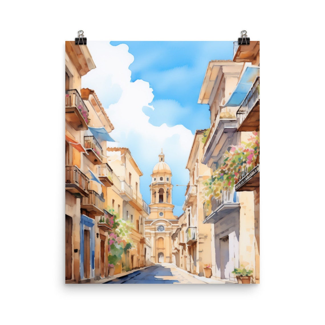 Palermo Sicily Flower Lined Street with Bell Tower Watercolor Poster
