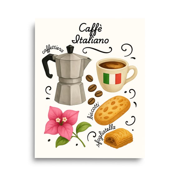 Caffe Italiano Watercolor Print Italy Wall Art Italian Cafe Decor Italia Artwork Food Kitchen Coffee Biscotti